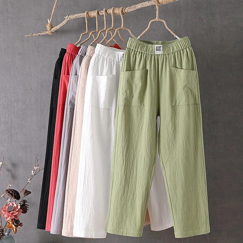 Cotton and Linen Casual Pants For Women Korean Style Solid Loose Straight Pants Summer Thin Nine-Point Harem Pants White Red