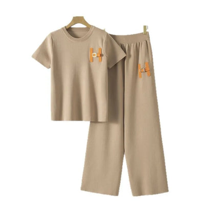 Lazy Fashion Suit Summer New Style Women's Short Sleeved Casual Sports Wide Leg Long Pants Two-piece Set Trendy Pant Sets