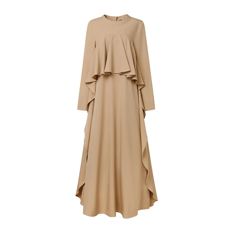 ZANZEA Women Elegant Long Sleeve Muslim Abaya Dress Robe Femme Stylish Ruffled Maxi Dresses Solid Loose Ramadan Sundress Kaftan