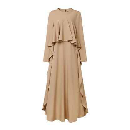 ZANZEA Women Elegant Long Sleeve Muslim Abaya Dress Robe Femme Stylish Ruffled Maxi Dresses Solid Loose Ramadan Sundress Kaftan