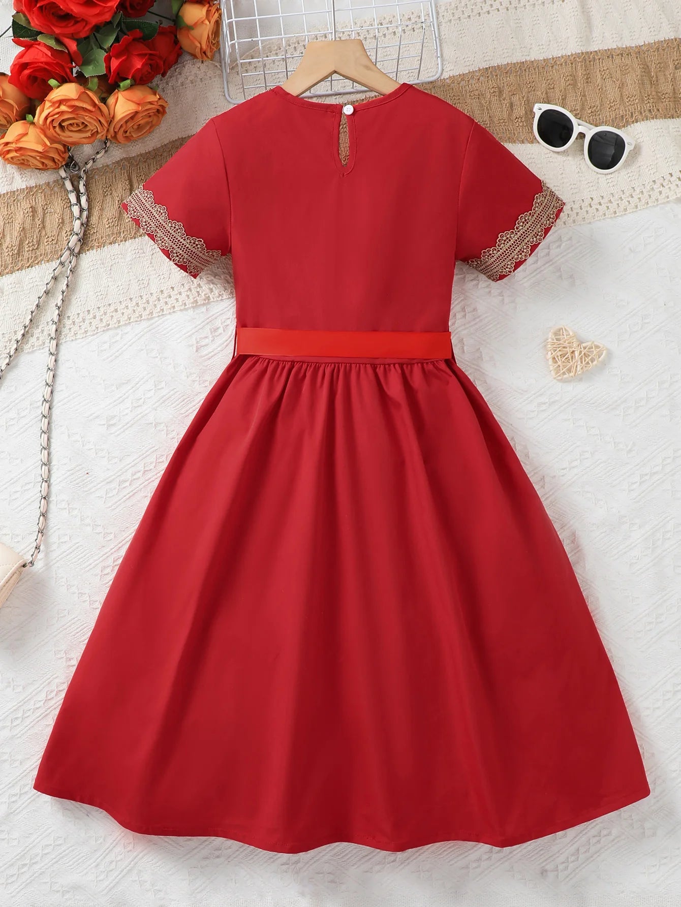 Middle East Girls Summer Floral Lace Short Sleeve Dress with Belt Casual Daily Wear Red Ethnic Style Children's Clothing