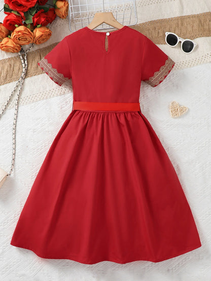 Middle East Girls Summer Floral Lace Short Sleeve Dress with Belt Casual Daily Wear Red Ethnic Style Children's Clothing