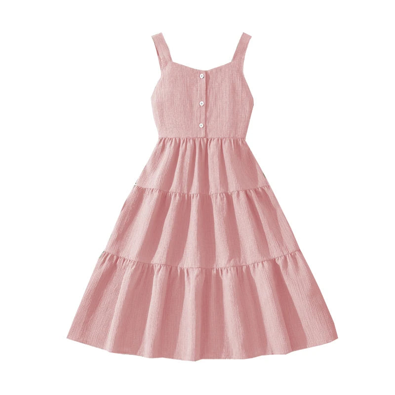 Girls 8-12 Green Summer Dress, Sleeveless Tiered Design with Back Bow & Elastic Waist, Casual Kids Wear