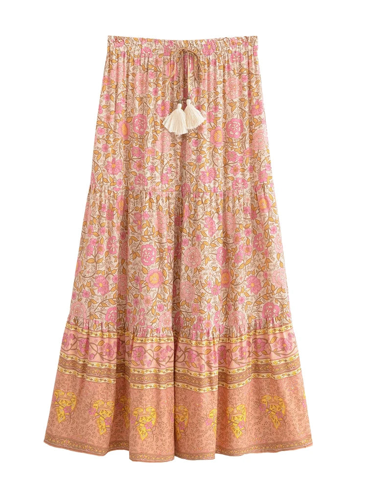 Vintage Chic Hippie Women Floral Print  Lace-up Tassel Beach Bohemian Skirt Lady Elastic Waist A-Line Vacation Boho Maxi Skirts