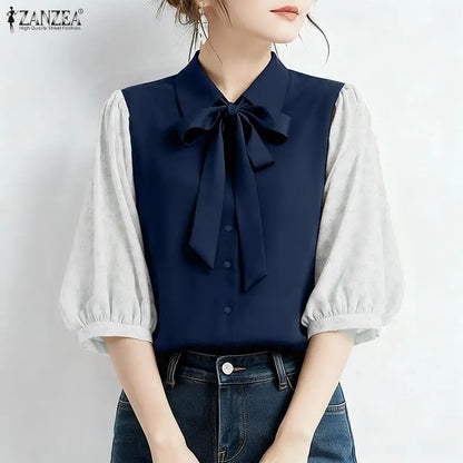 ZANZEA Elegant Women's Contrast-Color Shirts Floral Printed Puff Sleeve Bowtie Collared Casual Tops Summer Woman Clothes S-3XL
