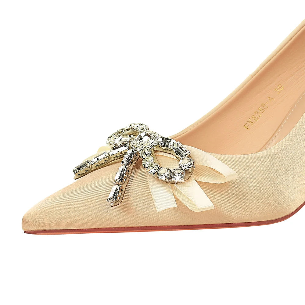 Luxury Women Pumps Rhinestone Bowknot High Heels Luxury Banquet Shoes Stiletto 7 cm 10 cm Heels Sexy Party Shoes Silks Satins