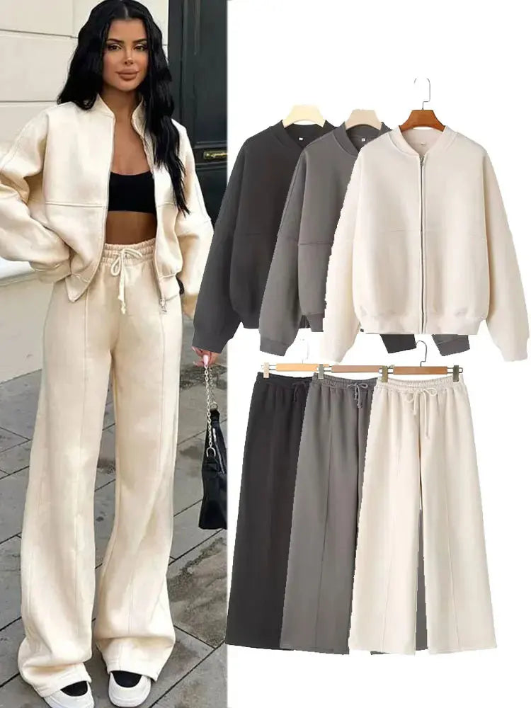 HH Women's 2-piece Retro Solid Color Zipper Bomber Jacket Sweatshirt + High-waisted Lace-up Women's Loose Velvet Pants Suit