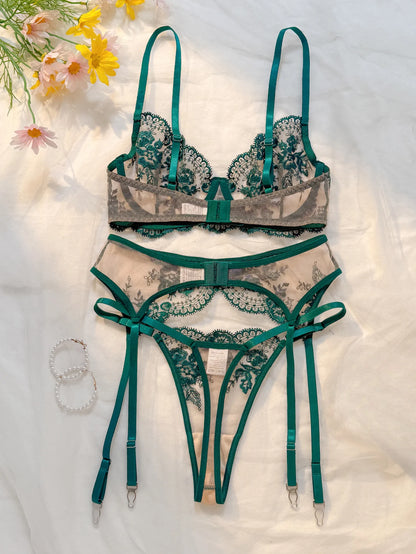 Sexy Women's Lingerie Floral Embroidered Bra Set Spicy Lingerie 3 Pieces Mesh Underwear Ultrathin French Intimate Lingerie Set