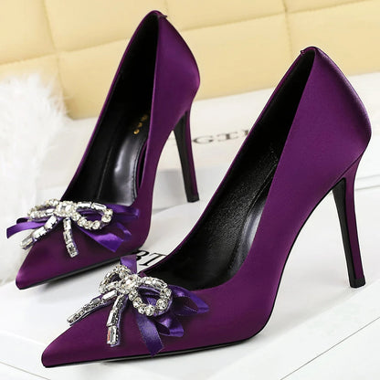 Luxury Women Pumps Rhinestone Bowknot High Heels Luxury Banquet Shoes Stiletto 7 cm 10 cm Heels Sexy Party Shoes Silks Satins