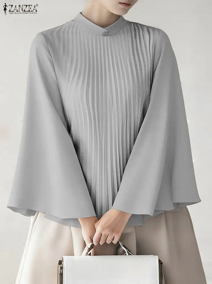 ZANZEA Elegant Chic Plisse Women Blouses Stand Collar Long Flare Sleeve Solid Color Pleated Tops Autumn Fashion Woman Clothes