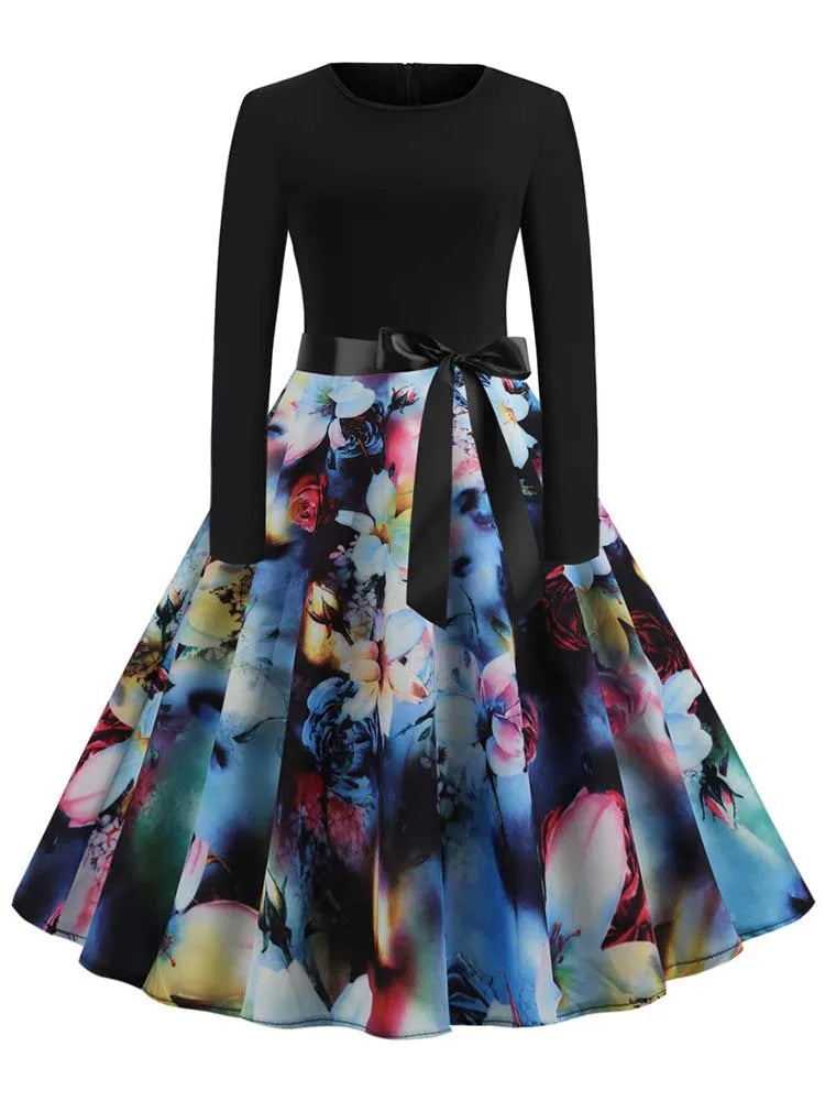 Music Note Print Elegant Party Dress Women Retro Vintage Casual Spring Autumn Midi Dresses