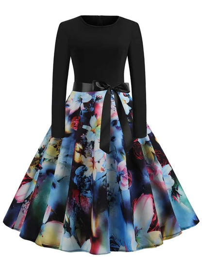 Music Note Print Elegant Party Dress Women Retro Vintage Casual Spring Autumn Midi Dresses