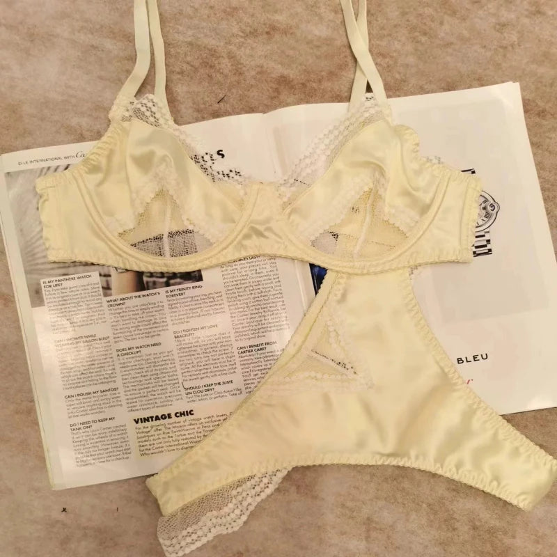 Fashion Women Lace Satin Unpadded Bra Set Soft Underwire Ultra Thin Slimming Anti-sagging Comfort Breathable Daily Underwear Set