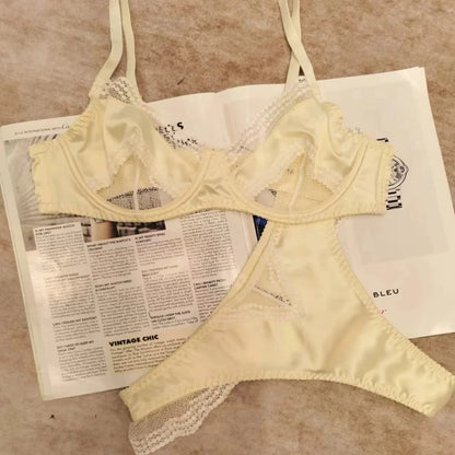 Fashion Women Lace Satin Unpadded Bra Set Soft Underwire Ultra Thin Slimming Anti-sagging Comfort Breathable Daily Underwear Set