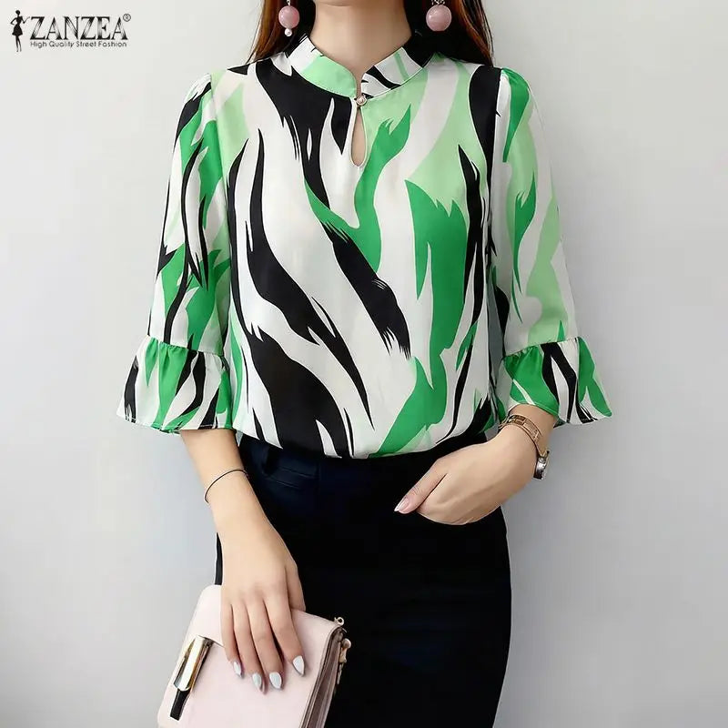 ZANZEA Elegant All-Over Print Blouses Woman Retro Mandarin Collar 3/4 Flare Sleeves Loose Tops Summer Bohemian Blusas de Mujer