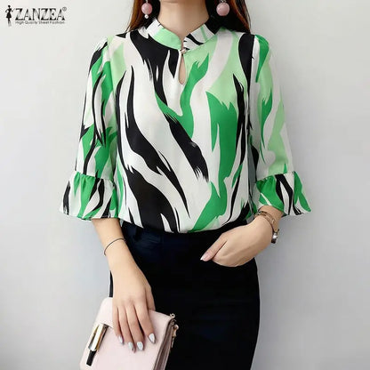 ZANZEA Elegant All-Over Print Blouses Woman Retro Mandarin Collar 3/4 Flare Sleeves Loose Tops Summer Bohemian Blusas de Mujer