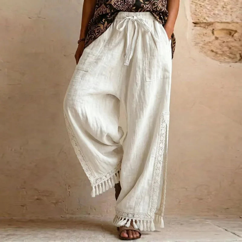Women Solid Side Split Wide Leg Pants Elastic Drawstring Pockets Lace Tassel Loose Pants New Boho Summer Casual Holiday Trousers