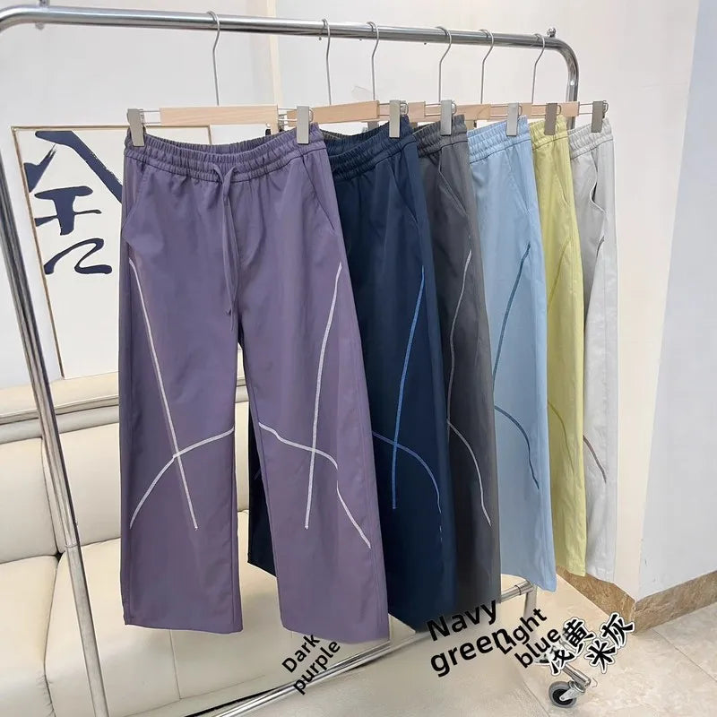 QICHE Women Contrast Stitch Curved Pants Loose Outdoor Casual Sports Long Trousers