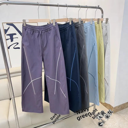 QICHE Women Contrast Stitch Curved Pants Loose Outdoor Casual Sports Long Trousers