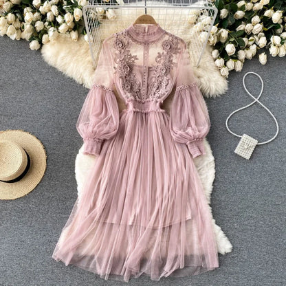 New Lace Flower Mesh Dress Summer Lantern Sleeve White Long Dresses For Women Party Vintage Elegant Dress 2 Piece Sets 12041