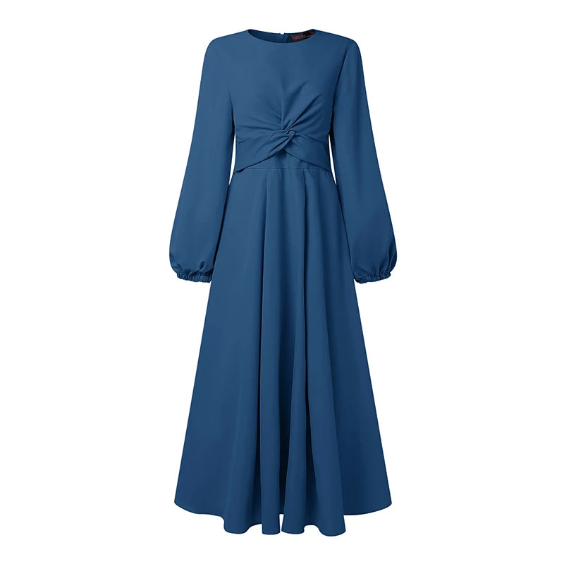 ZANZEA Elegant Muslim Abaya Dresses Ramadan Robe Stylish Women Long Lantern Sleeve Pleated Sundress Kaftan Solid Maxi Long Dress