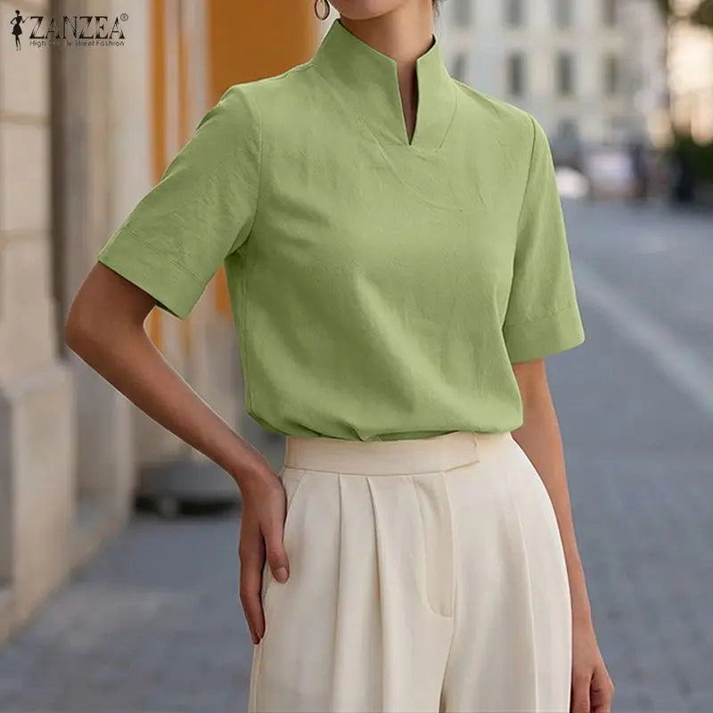 ZANZEA Fashion Cotton Linen Blouses Woman Stand Collar Back Zipper Short Sleeve Solid Tops Summer Minimalist Thin Blusas Mujer