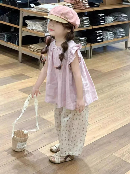 Girls Kids Puff Sleeve Top Wide Leg Pants Set 2026 New Fashion Sleeveless Babydoll Blouse 2 Piece Outfit for Summer