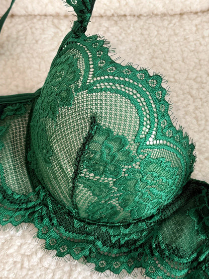 Vintage Romantic Dark Green Lace Lingeri Sheer Mesh Longline Bra 2 Pieces Elegant Boudoir Intimate Outfit
