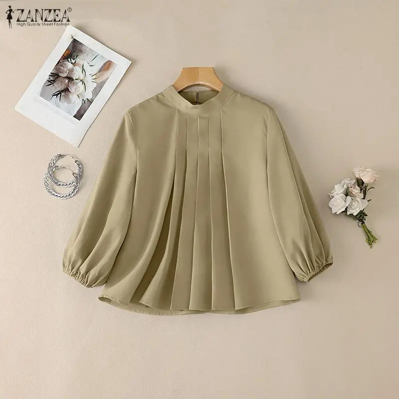 ZANZEA Women 3/4 Lantern Sleeve Blouses Summer Stand Collar Pleated Detailing Solid Color Tops Spring Commute Work Blusas Mujer
