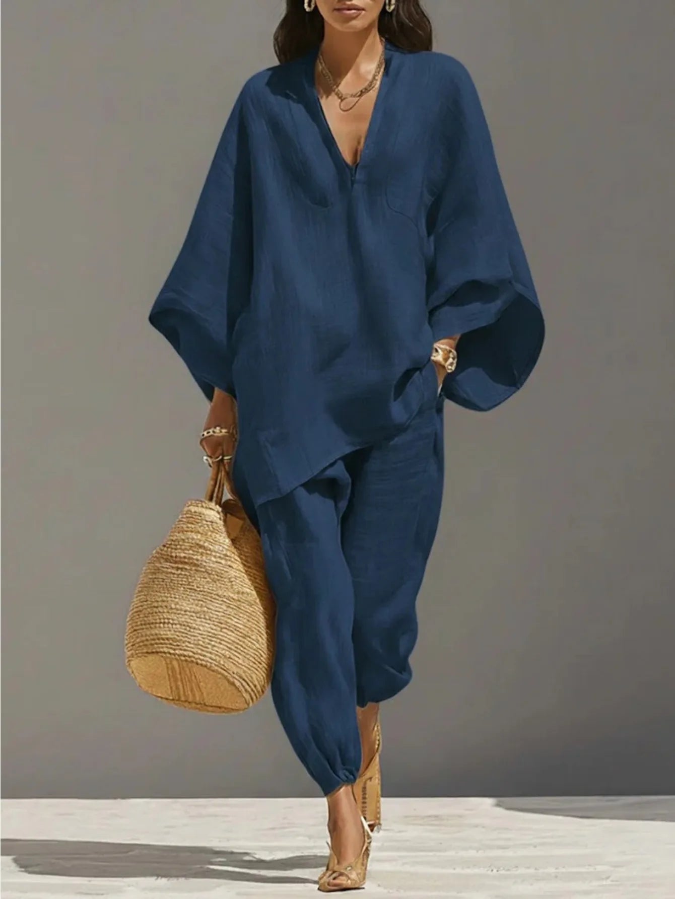 European and American Relaxation Solid Color V-neck Bat Sleeve Loose Top + Bow Leg Casual Pants Holiday Style Elegant Suit