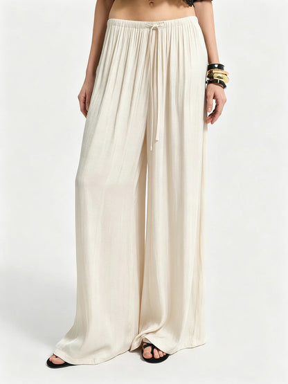 New Women High Waist Wide Leg Pants Spring Summer Draped Casual Trousers Drawstring Elastic Waist Loose Straight Leg Beach Pant