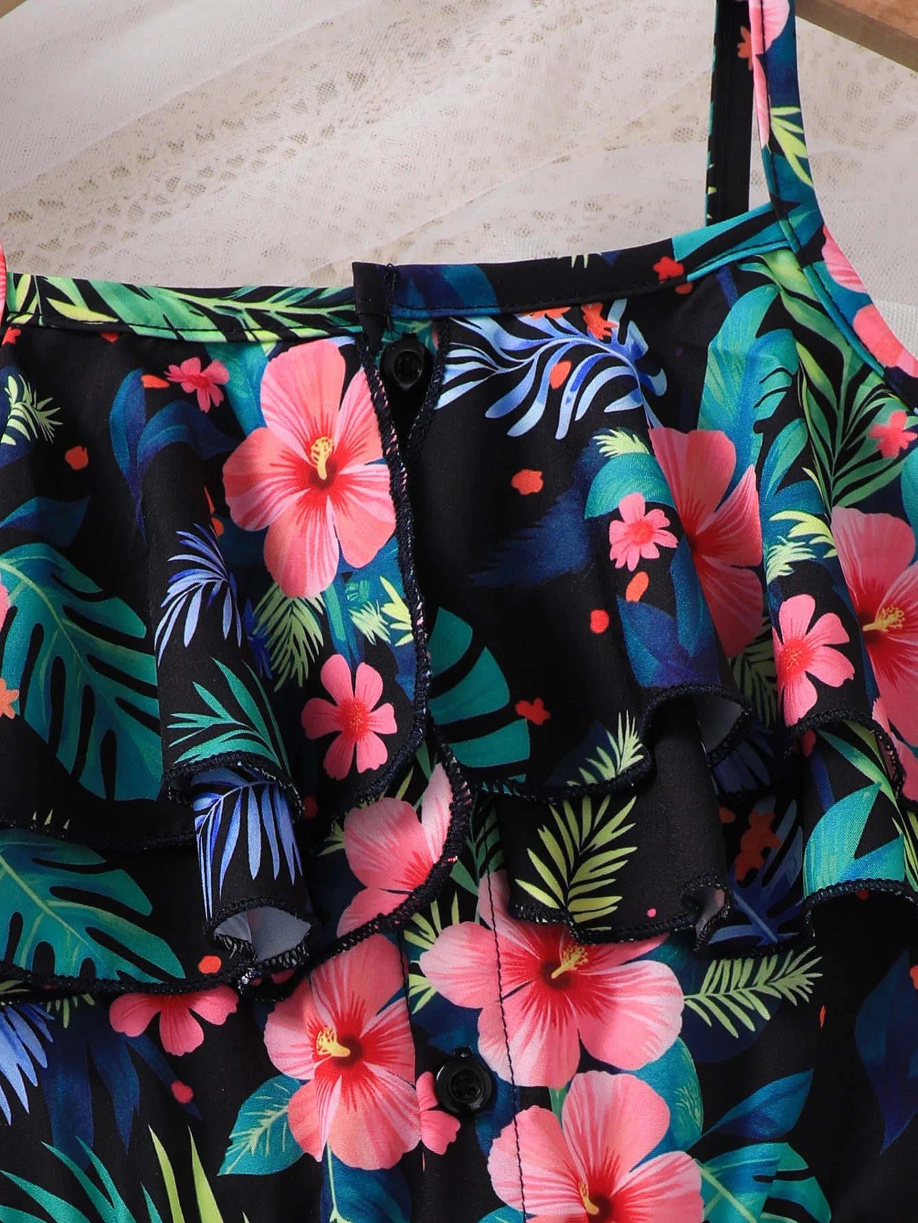 Girls Casual Summer Tropical Rainforest Pattern Dress with Halter Leaf Edge Suitable for Daily Casual Wear Children's Clothing