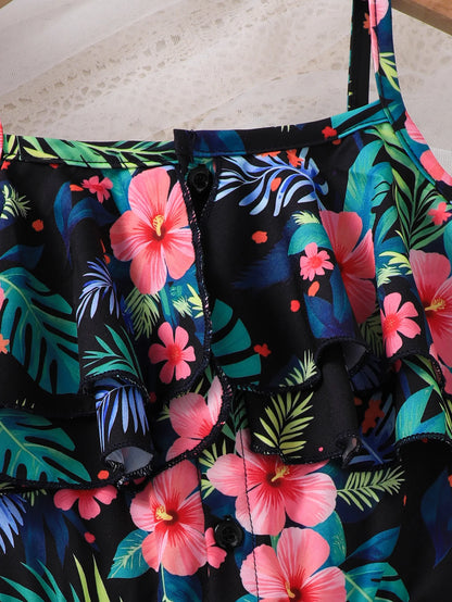 Girls Casual Summer Tropical Rainforest Pattern Dress with Halter Leaf Edge Suitable for Daily Casual Wear Children's Clothing