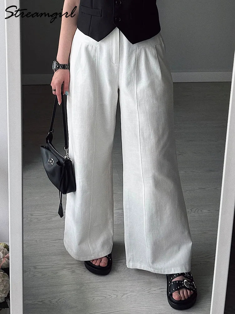 Summer White Pants For Women Cotton Formal High Waist Wide Leg Trousers Ladies Elegant Summer Women's Pants Straight Leg Office