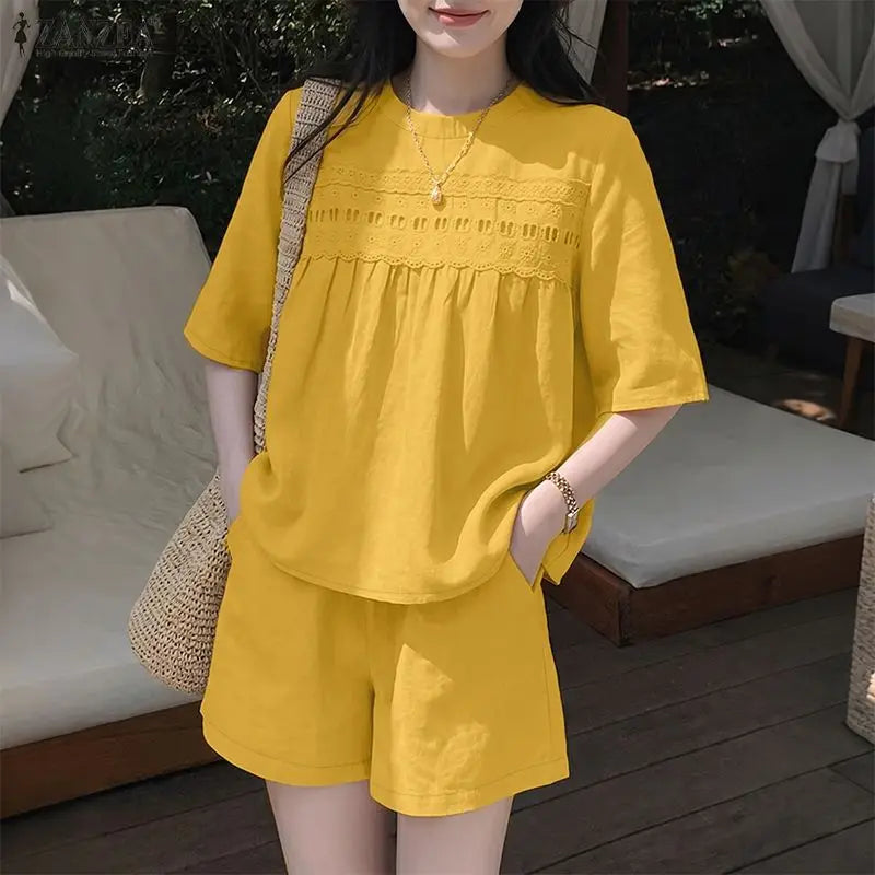 ZANZEA Women Casual 2 Pieces Sets O-Neck Half Sleeve Lace Patchwork Blouse & Elastic Waist Shorts Solid Color Loose Suits Outfit