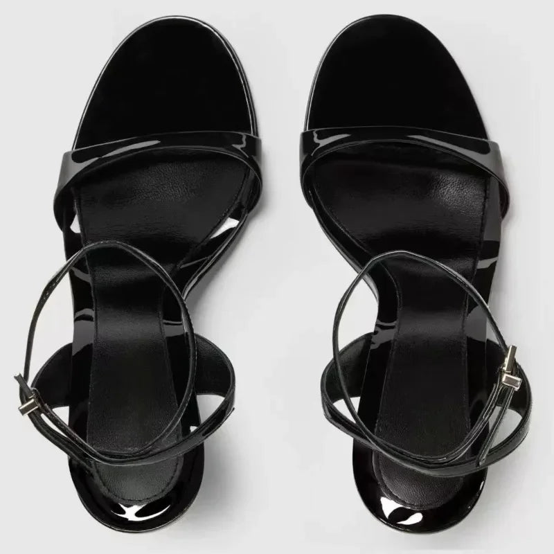 Black Round Toe Ankle Buckle High Heeled Sandals Women High Quality Patent Leather Brand Designer Shoes Elegant Party Dress Shoe