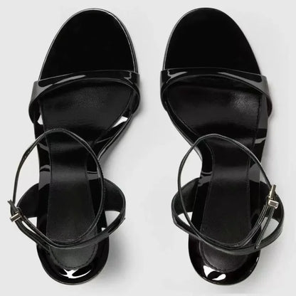 Black Round Toe Ankle Buckle High Heeled Sandals Women High Quality Patent Leather Brand Designer Shoes Elegant Party Dress Shoe