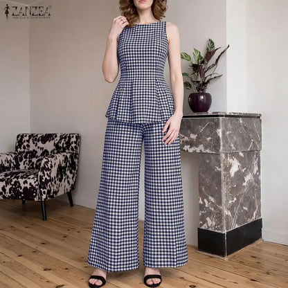 ZANZEA 2026 Women Gingham Check 2-Piece Matching Sets O-Neck Tank Tops & Wide Leg Pants Suits Summer Casual Streetwear Co-ords