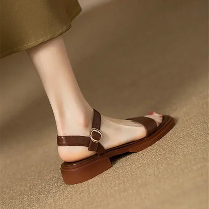 Summer Flat Sandals Women Ankle-Wrap Open Toe Square Low Heel Shoes Slingback Anti-slip Soft Sole Sandals Sandalias De Mujer
