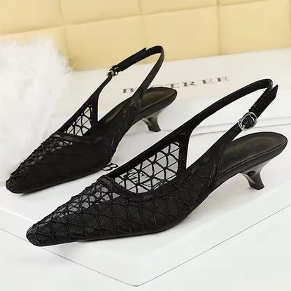 BIGTREE Shoes Mesh Breathable Women Pumps Fashion Kitten Heels 3 CM Hollow Out And Empty Back Strap Summer Sandals Women Shoes