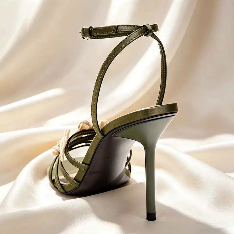Hand Embroidery Butterfly Detail High Heel Sandals Women Luxury Satin Ankle Strap High Heels for Ladies Elegant Party Dress Shoe