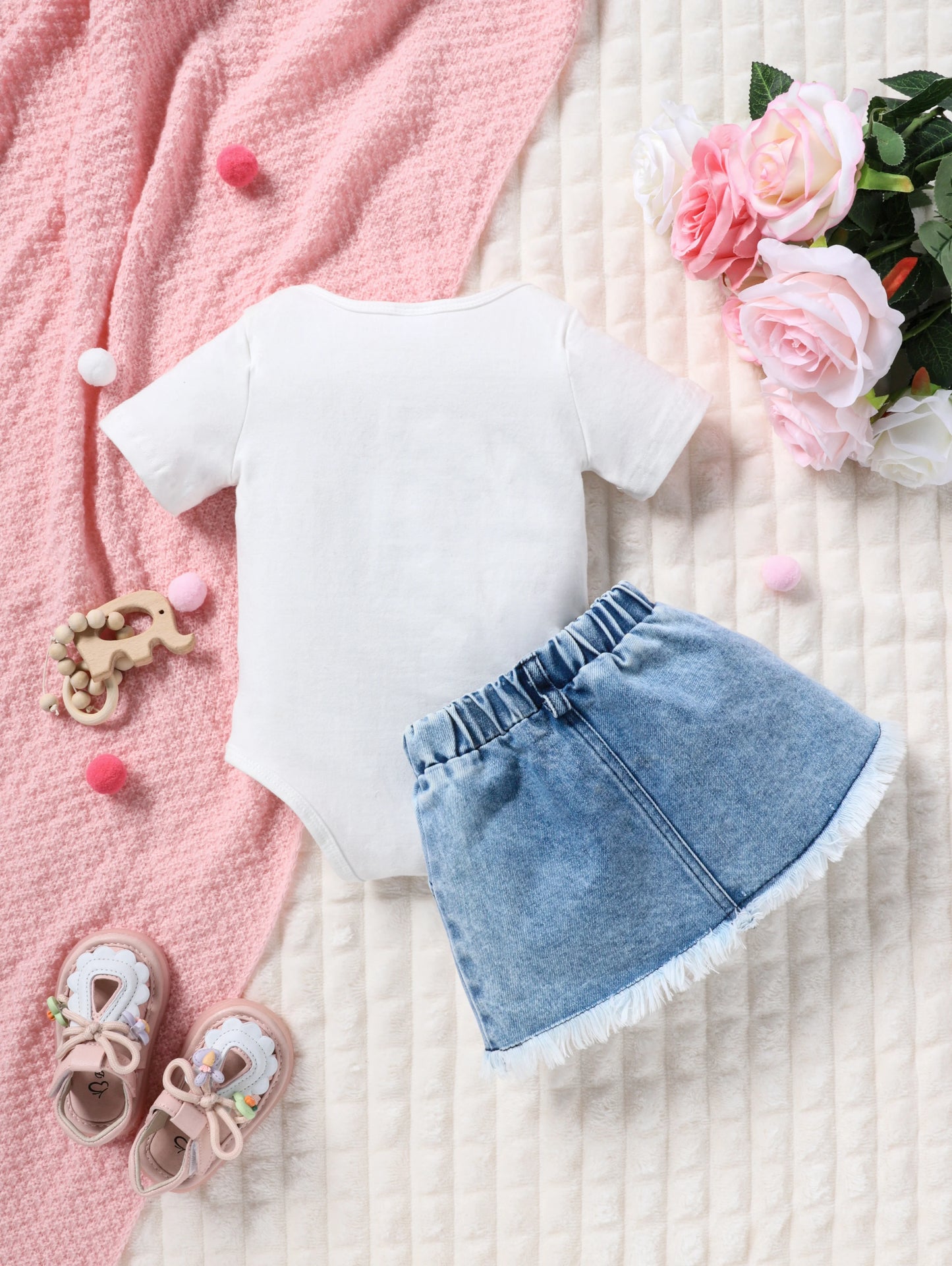 Summer Baby Girl Outfit Set with Bear And Leopard Print Butterfly Knot Short Sleeve Romper And Denim Mini Skirt 2-Piece Set for
