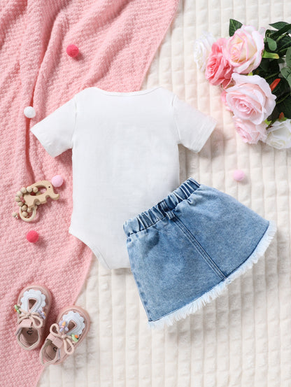 Summer Baby Girl Outfit Set with Bear And Leopard Print Butterfly Knot Short Sleeve Romper And Denim Mini Skirt 2-Piece Set for