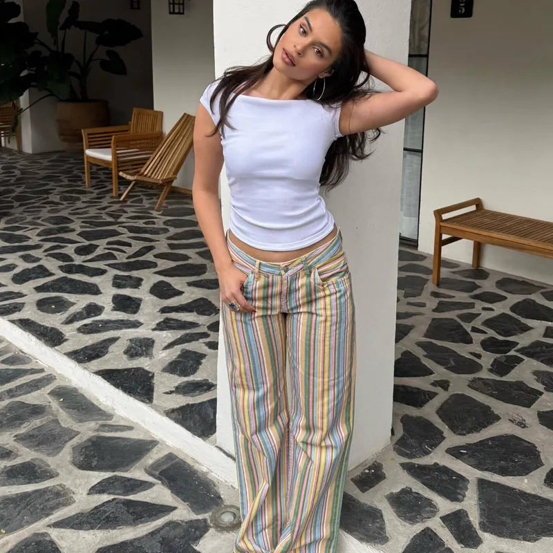 HXAO Striped Jeans For Woman Summer Low Landing Jeans Wide Leg Straight Baggy Denim Pants Chic Casual Streetwear Long Trousers