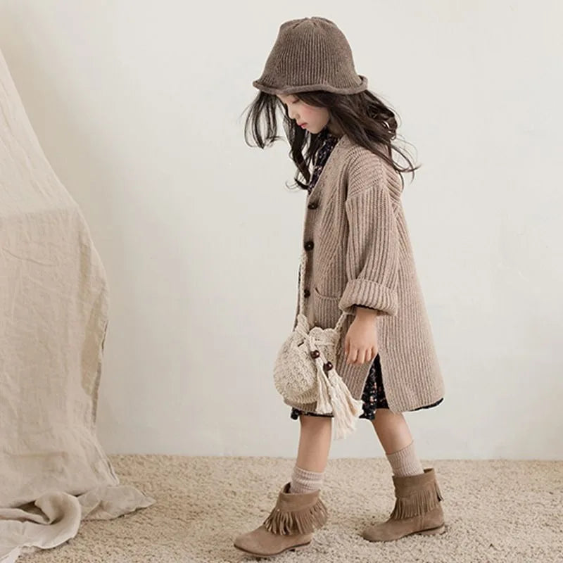 2025 New Girls' Chunky Yarn Knit Cardigan Autumn/Winter Kids' Plus Size Korean Style Mid-Length Knit Jacket