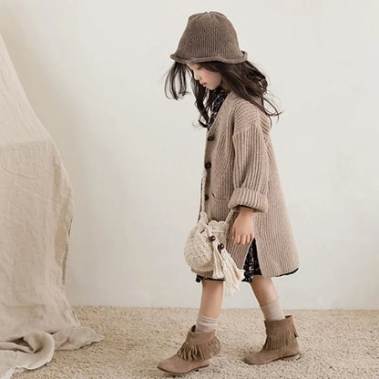 2025 New Girls' Chunky Yarn Knit Cardigan Autumn/Winter Kids' Plus Size Korean Style Mid-Length Knit Jacket