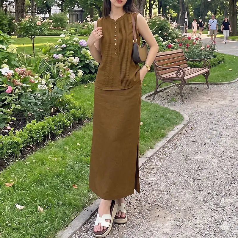 Summer Sleeveless Tank Tops A Line Midi Dress Sets ZANZEA 2PCS Women OL Work Outfits Casual Solid Color 2 Pieces Sets Skirt Suit
