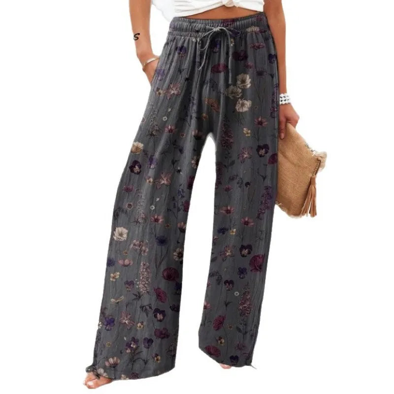 Women's New High Waist Loose Casual Wide Leg Print Pants Summer Beach EU US Style Comfy Flowy Trousers