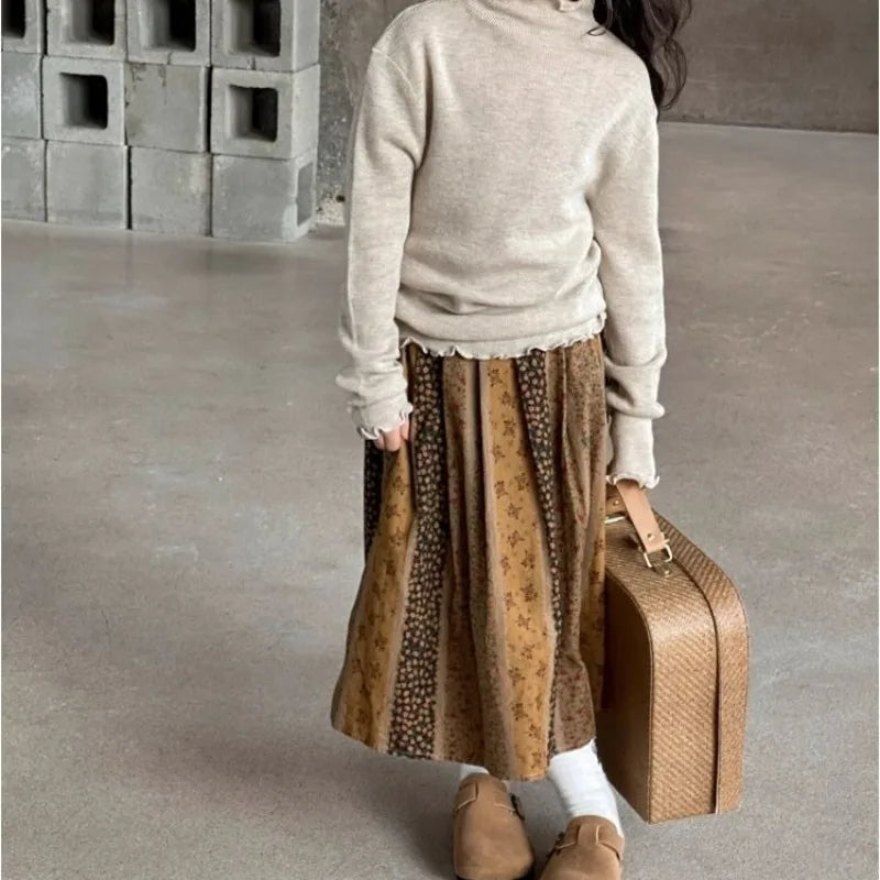 2025 New Cute Toddler Corduroy Floral Skirt Spring Autumn Kids' Half Skirt Stylish Corduroy Floral Dress for Girls Age 3-8