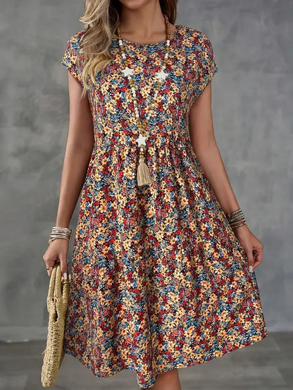 Women's Summer Floral Print Short-Sleeved Round Neck Dress, Casual Loose Vacation Style Dress